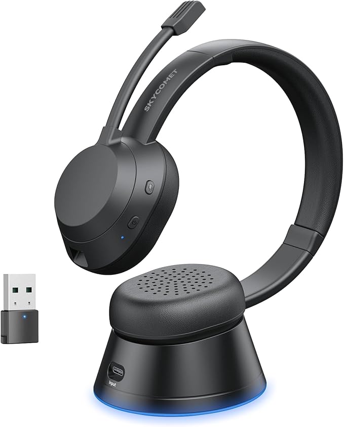 Wireless Headset with Mic for Work, Wireless Headphones with USB Dongle & by SKYCOMET