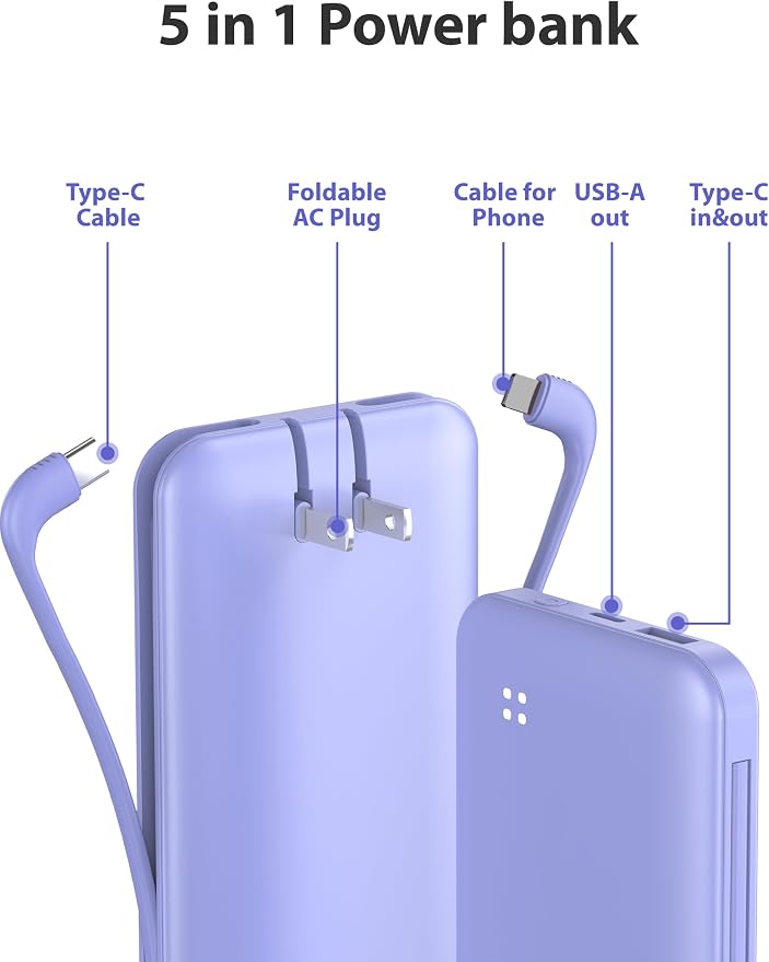 Alongza Portable Charger Built-in Cables and AC Wall Plug, Slim Fast Charging - Image 2