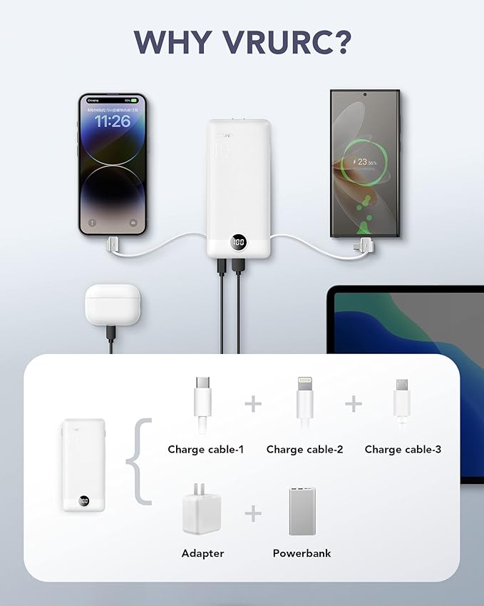VRURC Portable Charger, Power Bank Built-in Cables and AC Wall Plug, USB C - Image 4