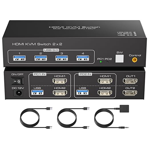 HDMI KVM Switch 2 Monitors 2 Computers 4K60Hz Dual Monitor KVM Switches by FQUANMAP