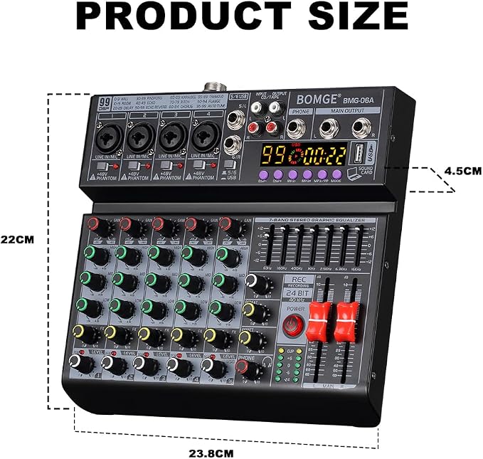 BOMGE 06A Professional 6 Channel DJ Audio Mixer, DJ Controller Sound Mixer - Image 9