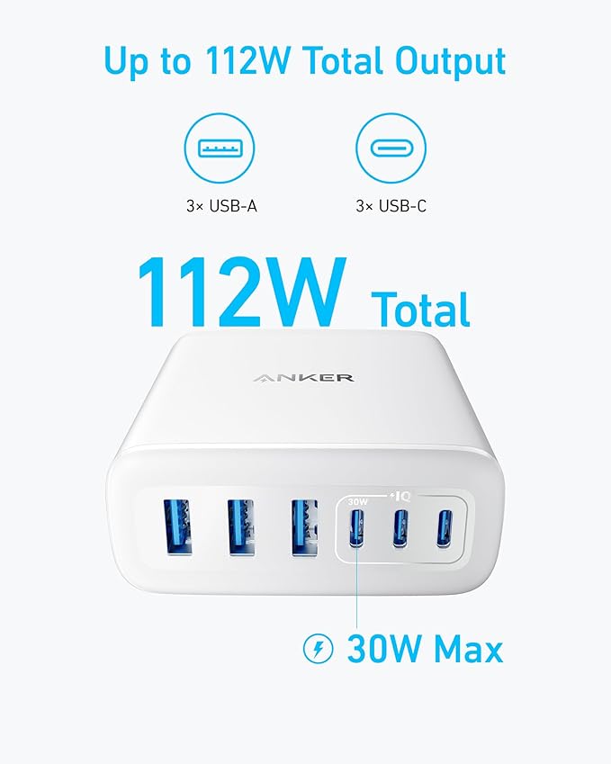 Anker Desktop Charger, Fast Charging USB C Charger, 112W Max 6-Port Charging - Image 4