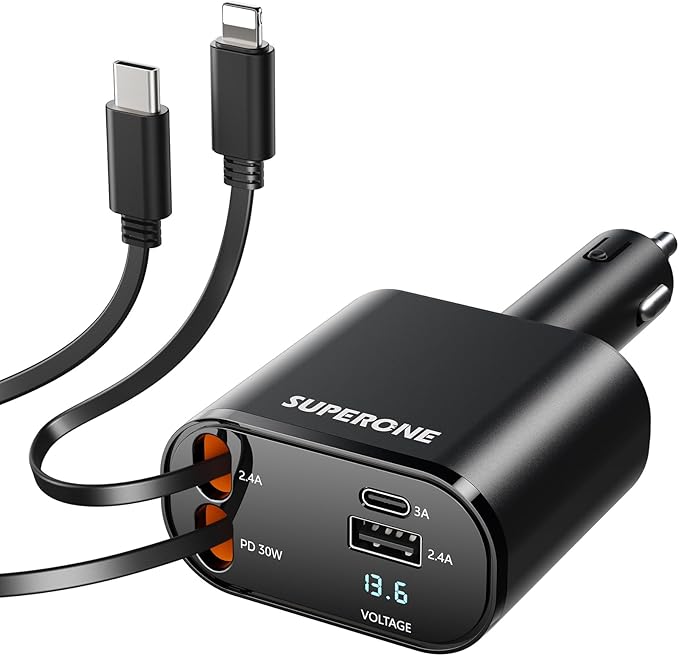 Retractable Car Charger 4 in 1 Fast Car Phone Charger Adapter by SUPERONE