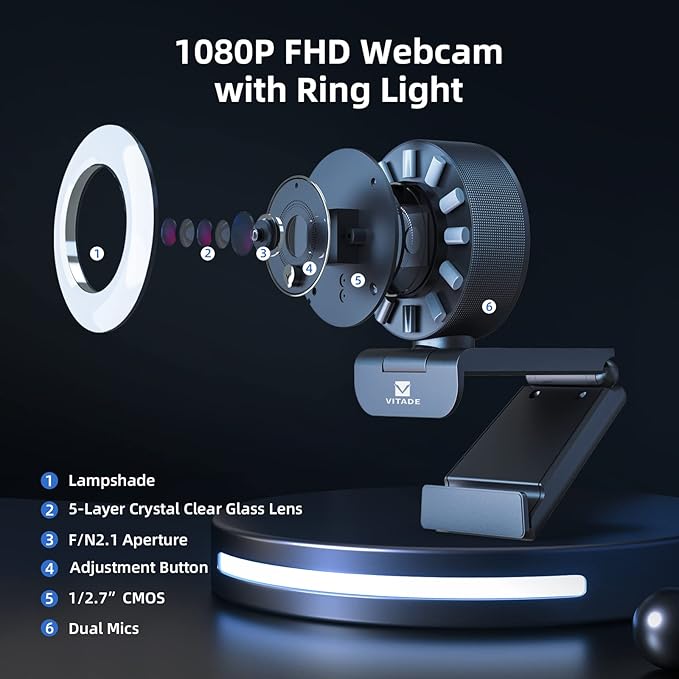 Streaming Webcam with Adjustable Ring Light, Full HD 1080P Webcam with Dual - Image 2