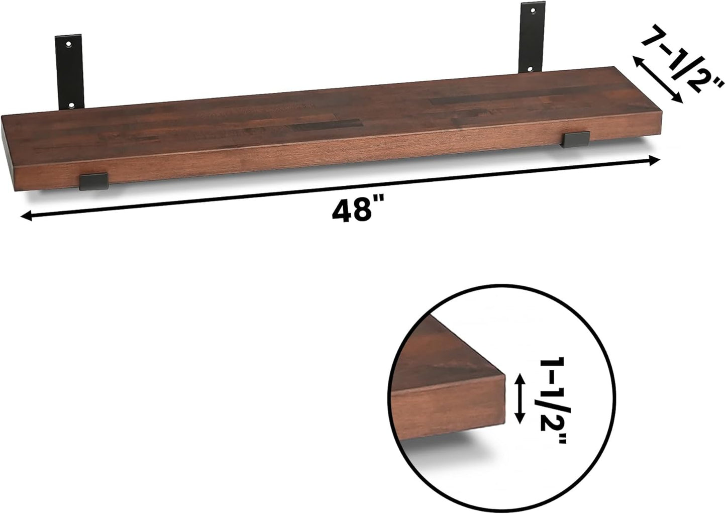 CONSDAN Floating Shelf for Wall Mounted Book Shelf Hanging Shelves Floating Bookshelf for Bedroom, Bathroom, Living Room, Kitchen USA Grown Solid Hardwood, Dark Maple 48x7.5x1.5 in