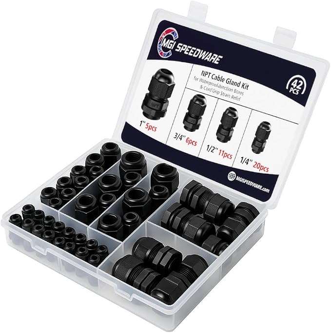 MGI SpeedWare 42 pcs NPT Strain Relief Nylon Cord Grip Cable Glands Assorted Kit by MGISpeedWare