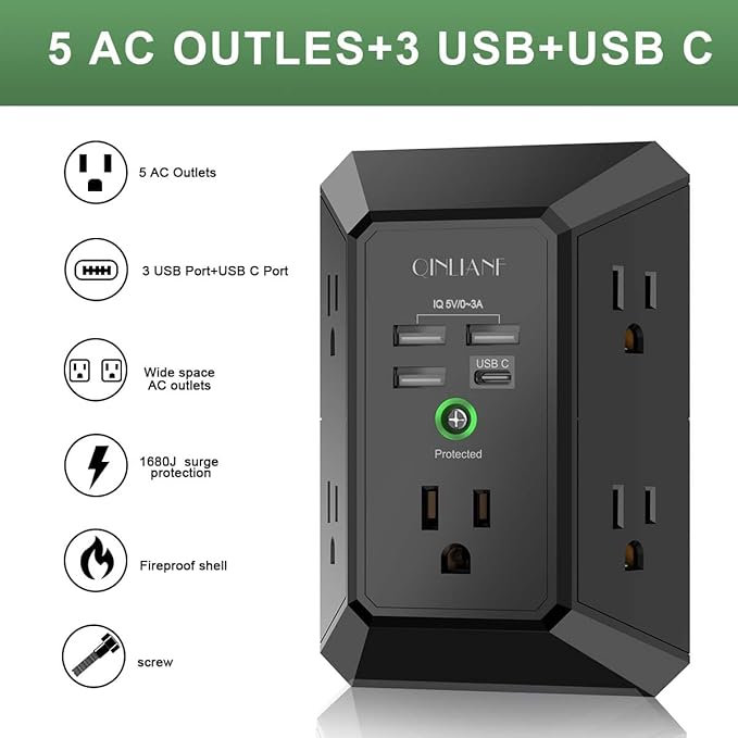 USB Wall Charger, Surge Protector, QINLIANF 5 Outlet Extender - Image 2