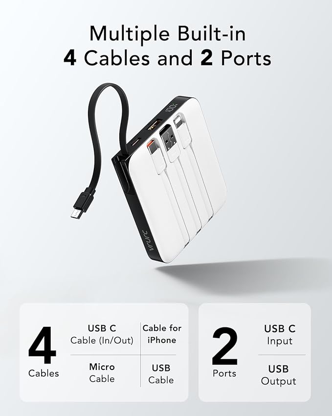 VRURC Portable Charger with Built-in 4 Cables, 10000mAh Battery Pack PD 20W - Image 2