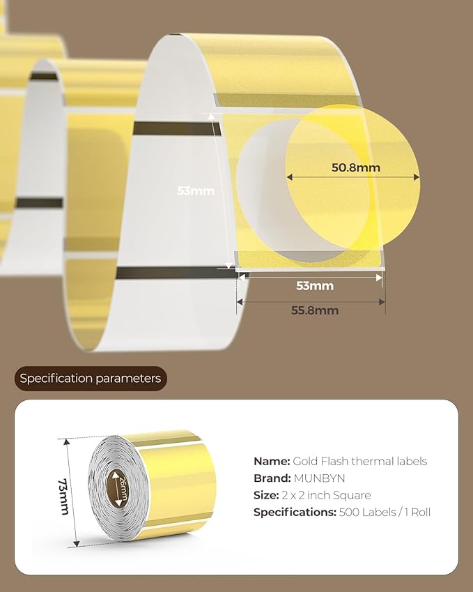 MUNBYN 2 Inch Gold Transparent Thermal Labels, Round Fine Glitter Printable - Image 2