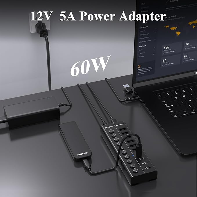 FIDECO 60W Powered USB Hub for Laptop and PC, 10-Port 10Gbps USB Splitter - Image 4