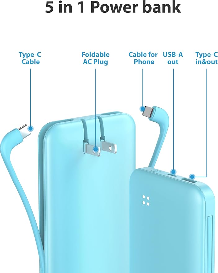 Alongza Portable Charger Built-in Cables and AC Wall Plug, Slim Fast Charging - Image 2