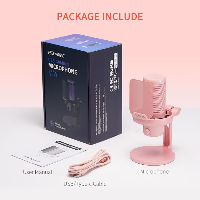 FEELWORLD VM1 Pink Gaming PC USB Microphone Condenser Mic - Image 7