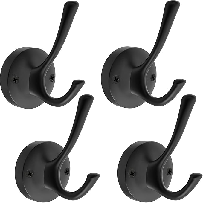 4 Packs Black Coat Hooks, Decorative Double Prong Metal Closet Hooks by NETLKLALife