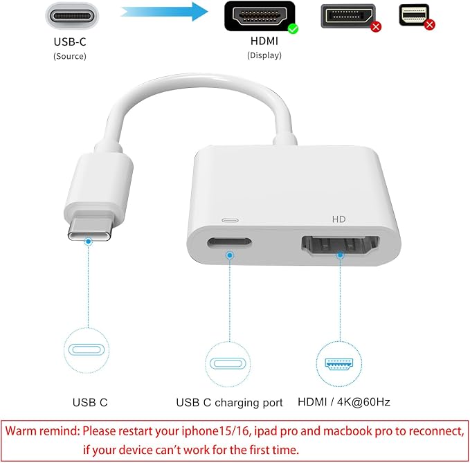 AIRSKY USB C to HDMI Adapter for iPhone 15/16, USBC to HDMI Adapter for iPhone - Image 4