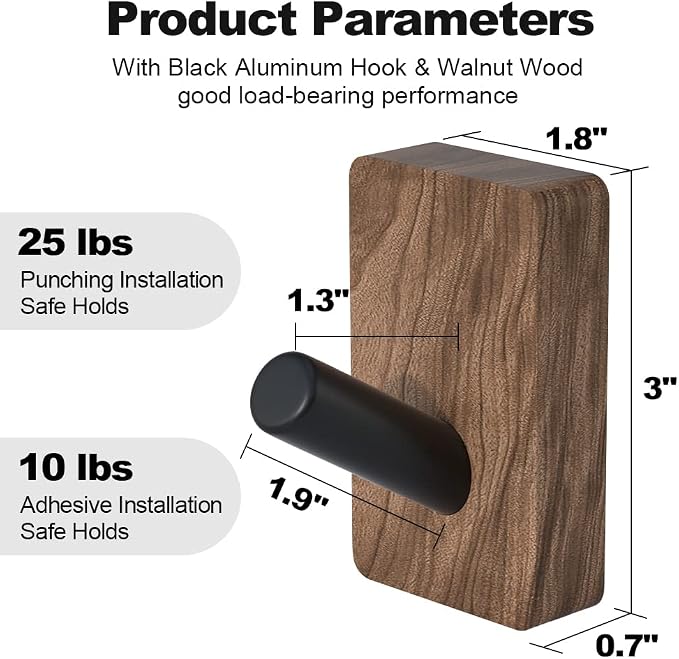 4 PCS Black Walnut Wood Wall Hooks, Adhesive Mounted & Wall Mounted Rustic - Image 2