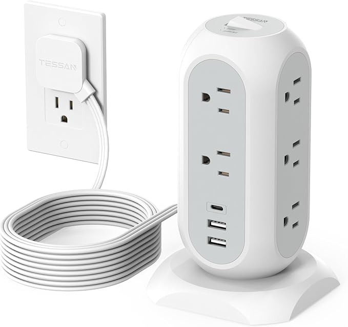 Surge Protector Power Strip Tower 10 Ft, TESSAN Flat Plug Extension Cord by TESSAN
