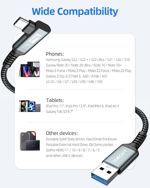 Carplay Cable 0.8FT, 10Gbps Right Angle USB A to C 3.1 Gen 2 High Speed Data - Image 7