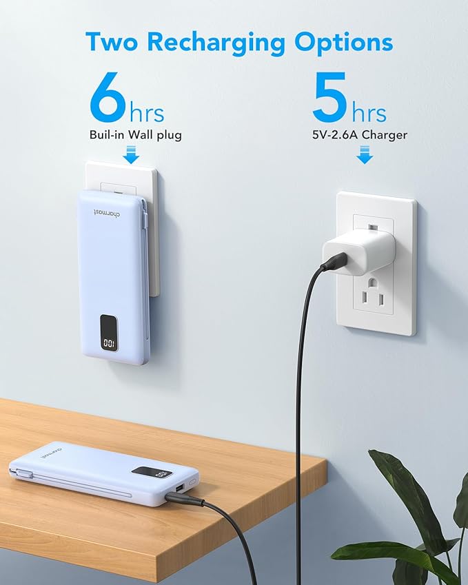 charmast Portable Charger with Built-in Cables & Wall Plug, 10000mAh Portable - Image 5