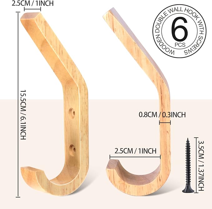 HNYYZL Wooden Wall Hooks, 6 Pack Wood Hooks Wall Mounted, Modern Coat Hooks - Image 2