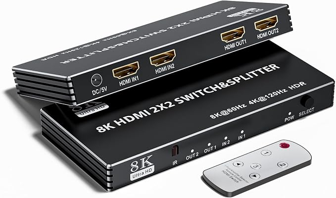 2x2 HDMI Switch Splitter, HDMI 2.1 Switcher 2 in 2 Out 8K@60Hz 4K@120Hz by ConnecttoEverything