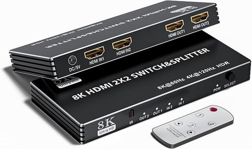2x2 HDMI Switch Splitter, HDMI 2.1 Switcher 2 in 2 Out 8K@60Hz 4K@120Hz by ConnecttoEverything