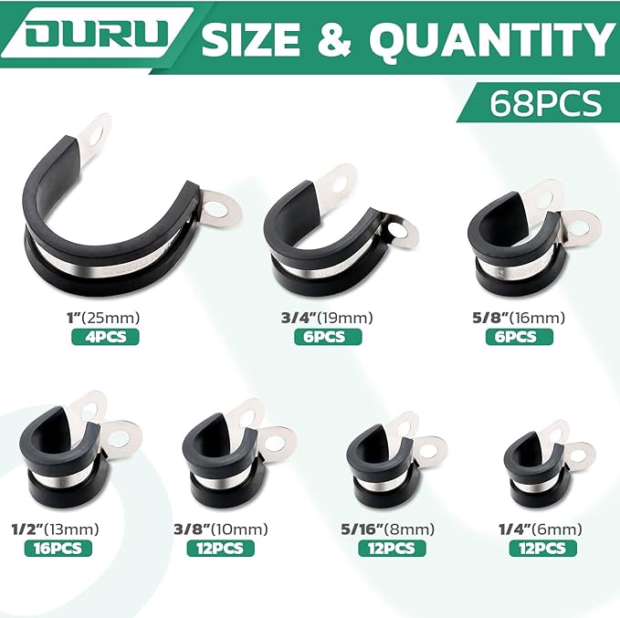 68PCS Cable Clamps Assortment Kit, 7 Sizes Stainless Steel Rubber Coated - Image 2