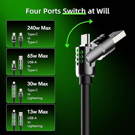 MFish 4-in-1 USB C Charging Cable, 6.6Ft Type C to Type C Cable, 240W Fast - Image 6