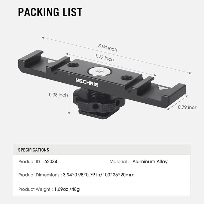 Dual Cold Shoe Extension Bar Mount, Aluminum Dual Hot Shoe Mount Bracket - Image 9