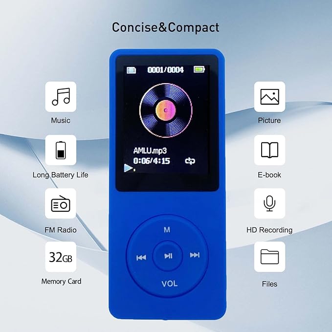 MP3 Player 32GB with Speaker Earphone Portable Mini Blue Music Player Support - Image 4