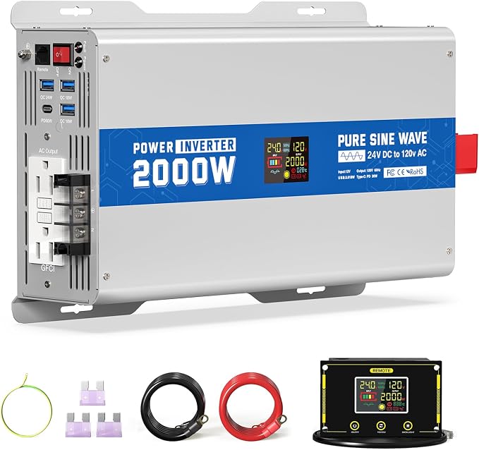 2000W Pure Sine Wave Power Inverter 24V DC to 120V AC Converter 4000 Watt Peak by PowerInverter