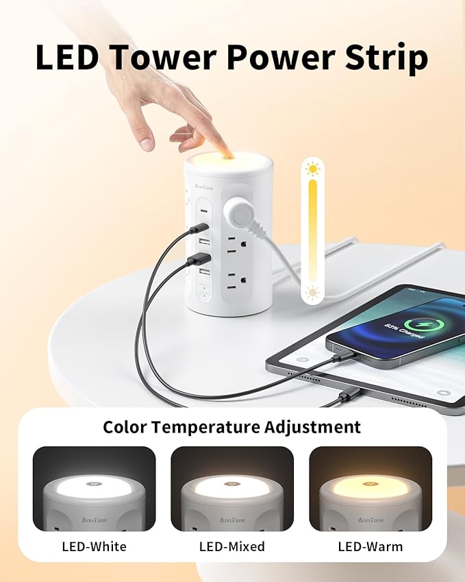 Power Strip Tower with Night Light, 15W Surge Protector Power Strip with USB - Image 4