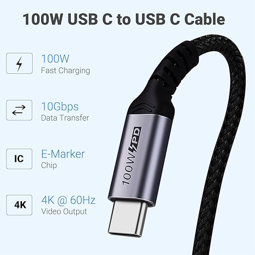100W Short USB C Cable 3.1 Right Angle, 5A Fast Charging, 10GBbps High Speed - Image 2