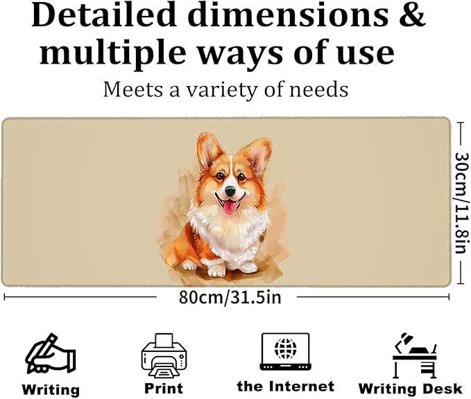 Watercolor Corgi Gaming Mouse Pad, Large Office Desk Mat, Anti-Slip Rubber Base - Image 3