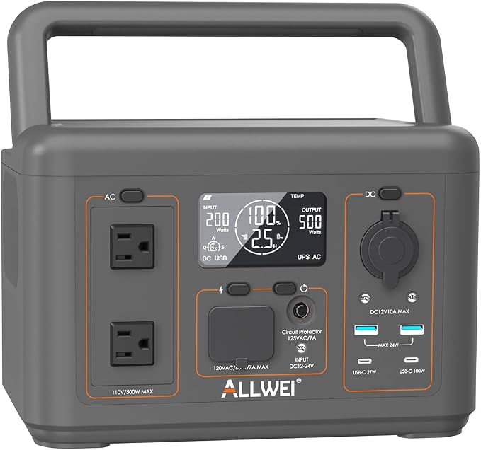 ALLWEI 512Wh Portable Power Station, 500W LiFePO4 Battery, Solar Generator Fast by ALLWEI