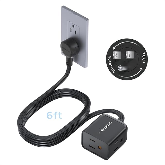 TROND 360° Rotating Flat Plug Extension Cord 6ft, Low Profile Small Power Strip by TRONDOfficial