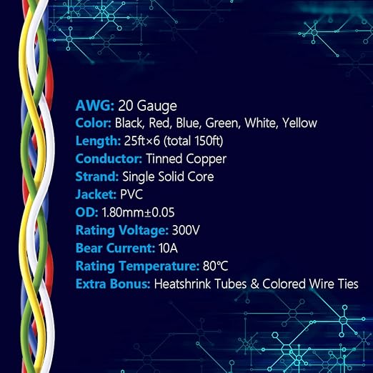 Fermerry 20 AWG Solid Core Wire Spool 25ft Each 6 Colors Flexible 20 Gauge Hook - Image 2