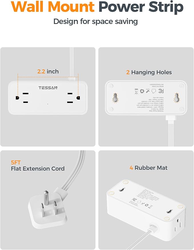 TESSAN 5 FT White Extension Cord, 900J Surge Protector Small Power Strip - Image 7
