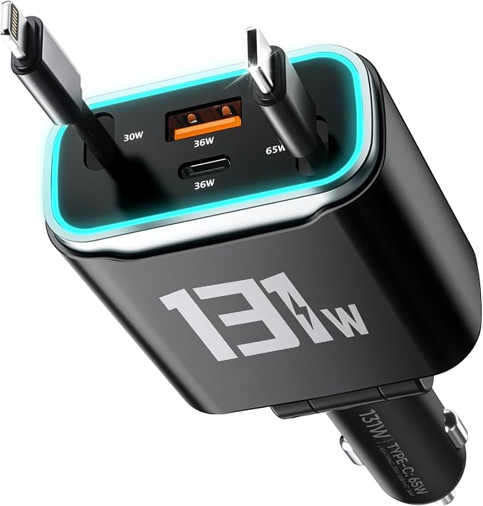 iPhone Car Charger, 4 in 1 Retractable Fast Car Phone Charger Adapter 131W by Retear