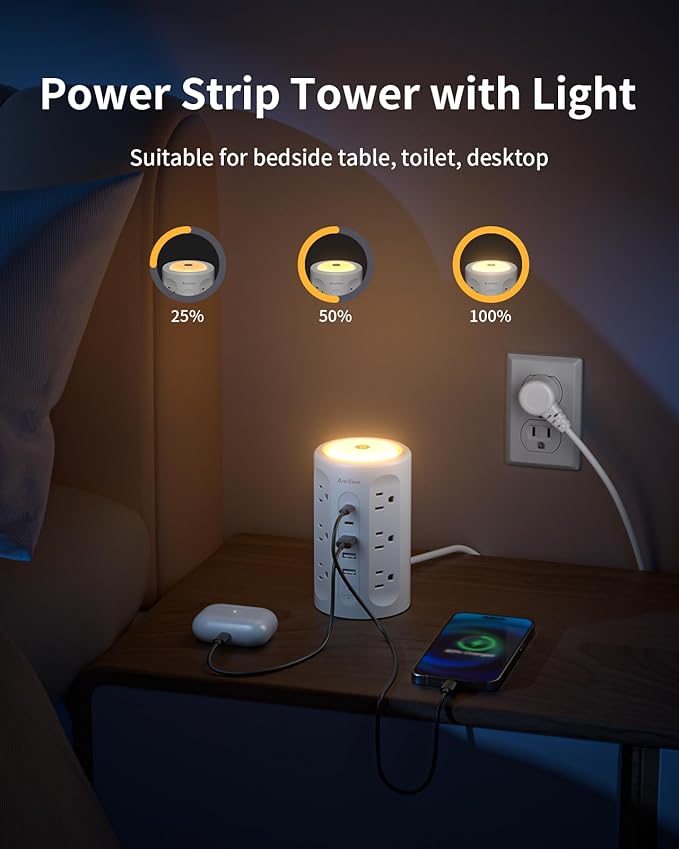 Power Strip Tower with Night Light, 15W Surge Protector Power Strip with USB - Image 5