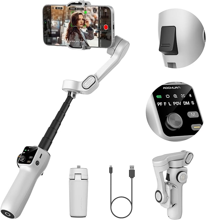 Cellphone Gimbal for Video Recording w/AI Tracking, 3 -axis Vlogging Gimbal by AOCHUAN