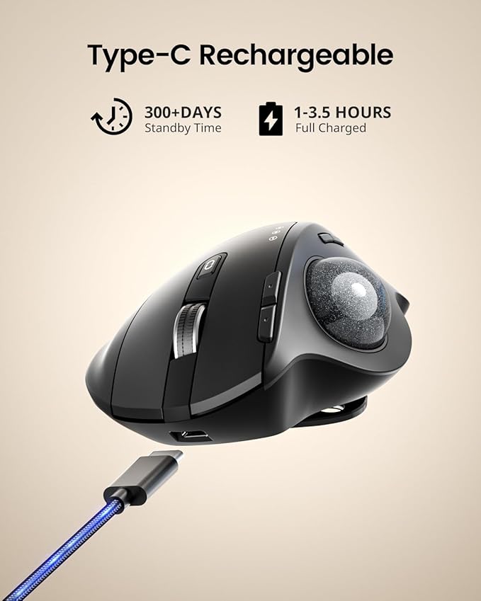 ProtoArc Wireless Trackball Mouse, EM01 NL Ergonomic Bluetooth Rollerball Thumb - Image 6