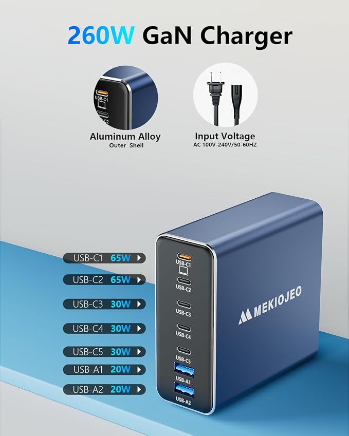 Aluminum Alloy USB C Charger 260W GaN Fast USB C Charging Station 7 Ports 65W - Image 3