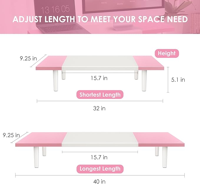 Dual-Monitor-Stand-Riser-For-Desk Adjustable Length 32-40 Inch，Large Desktop - Image 3