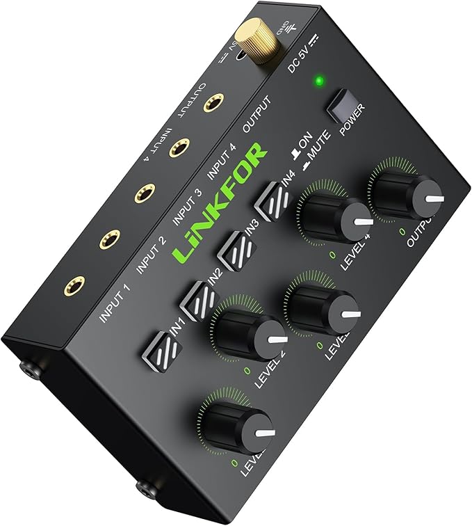 LiNKFOR 4 Channel 3.5mm Audio Mixer Stereo Audio Mixer Support RCA Input and by LiNKFOR