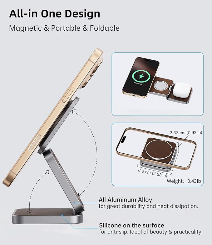 Foldable Magnetic Wireless Charger, KU XIU X40 Aluminum Alloy 3 in 1 Charging - Image 7
