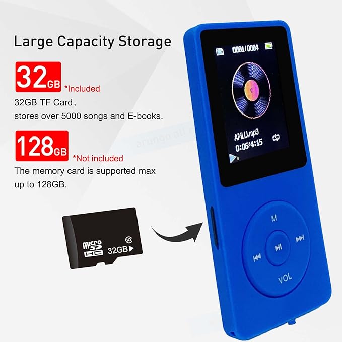 MP3 Player 32GB with Speaker Earphone Portable Mini Blue Music Player Support - Image 5