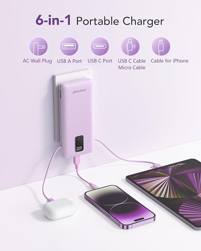 charmast Portable Charger with Built-in Cables & Wall Plug, 10000mAh Portable - Image 2