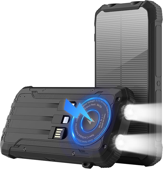 Solar Power Bank 20000mAh Wireless Portable Charger Built-in 3 Cables 15W USB-C by Luvknit