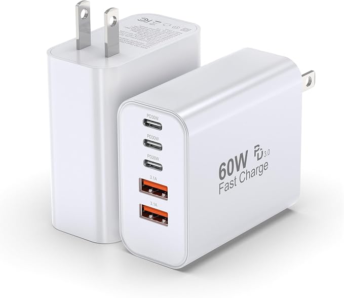 USB C Block 60W, 5 Ports Wall Plug Fast Charging Block, PD+QC Multiport Power by TZBAY