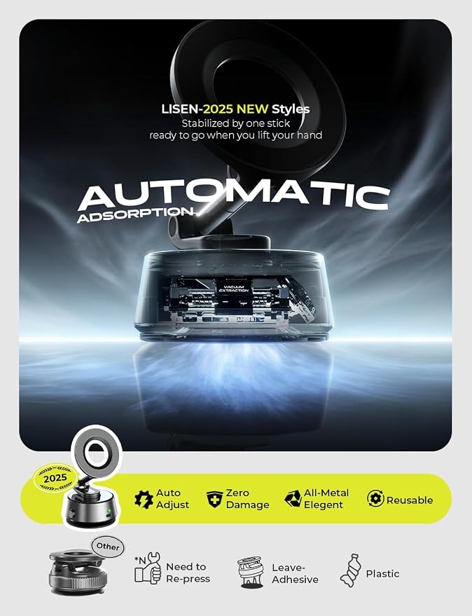 LISEN Electric Retractable Car Phone Mount, Content Creator MagSafe Suction Cup - Image 2